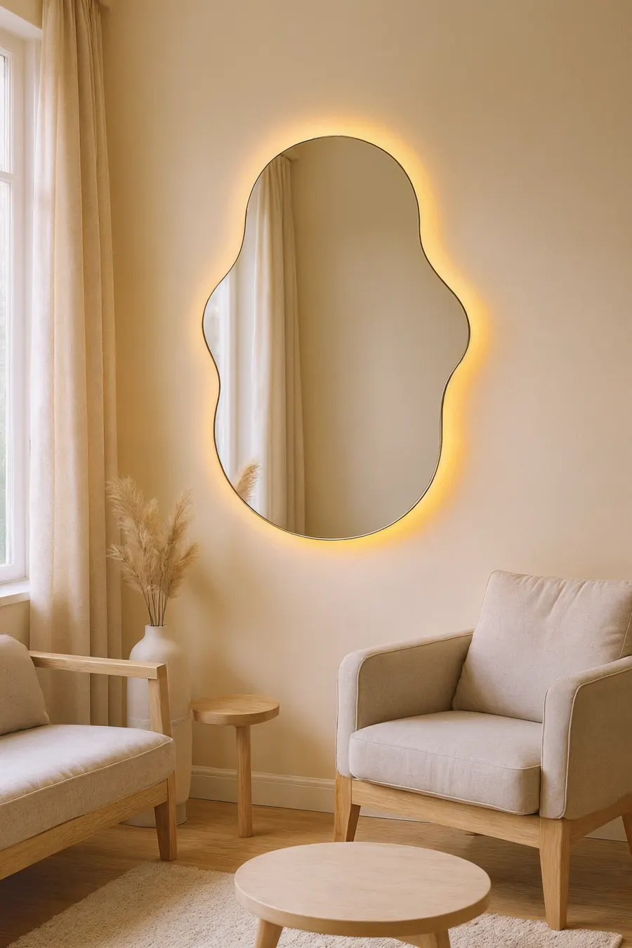 Espejo de forma orgánica con luz trasera