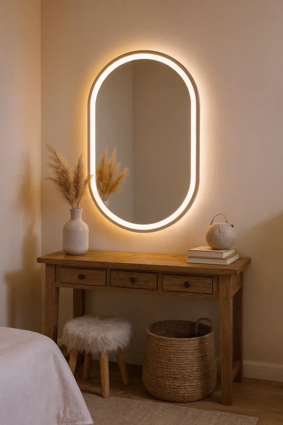 Espejo cápsula con marco luminoso sobre una consola de madera