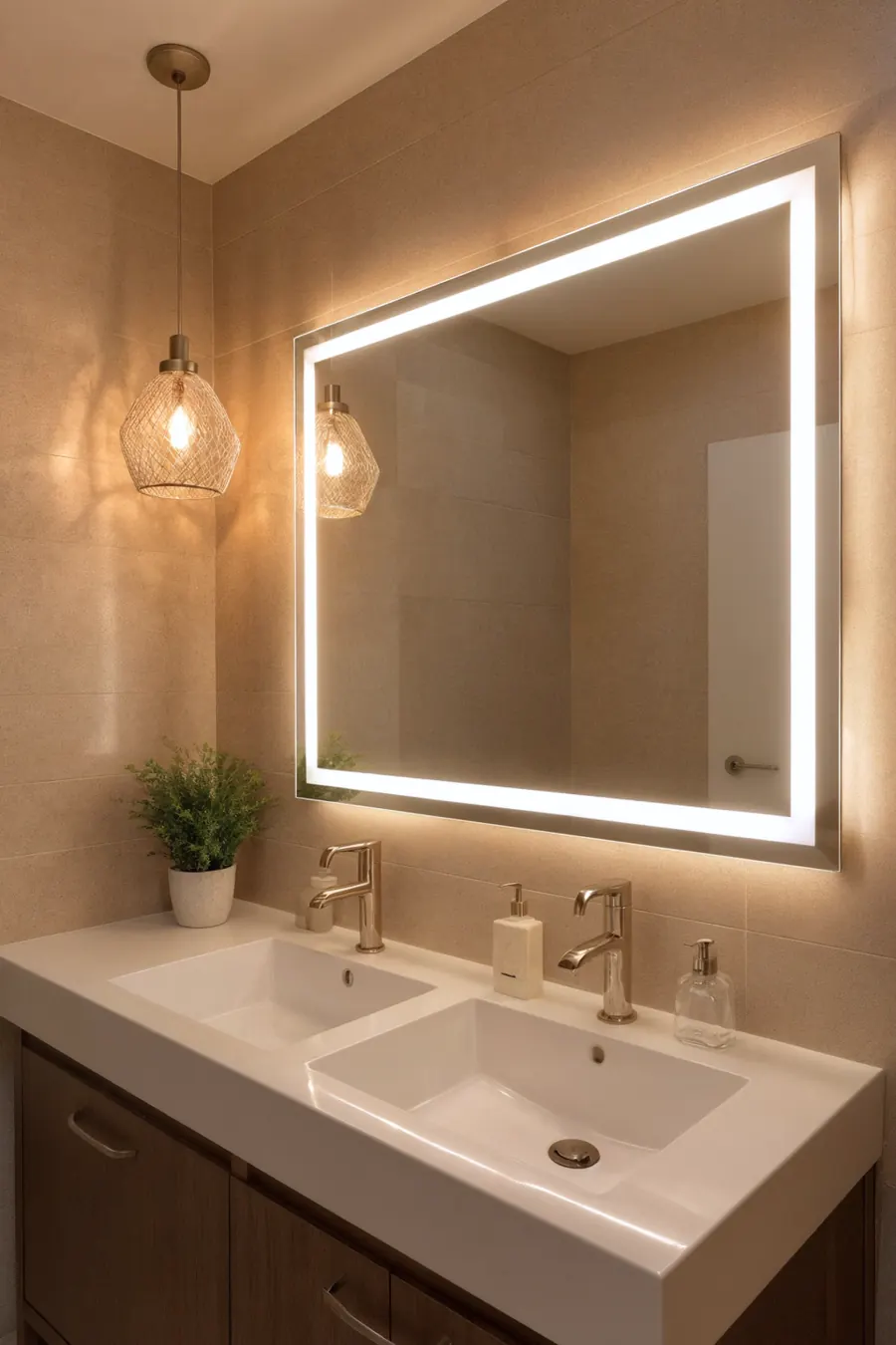Espejo rectangular apaisado con marco luminoso en un baño