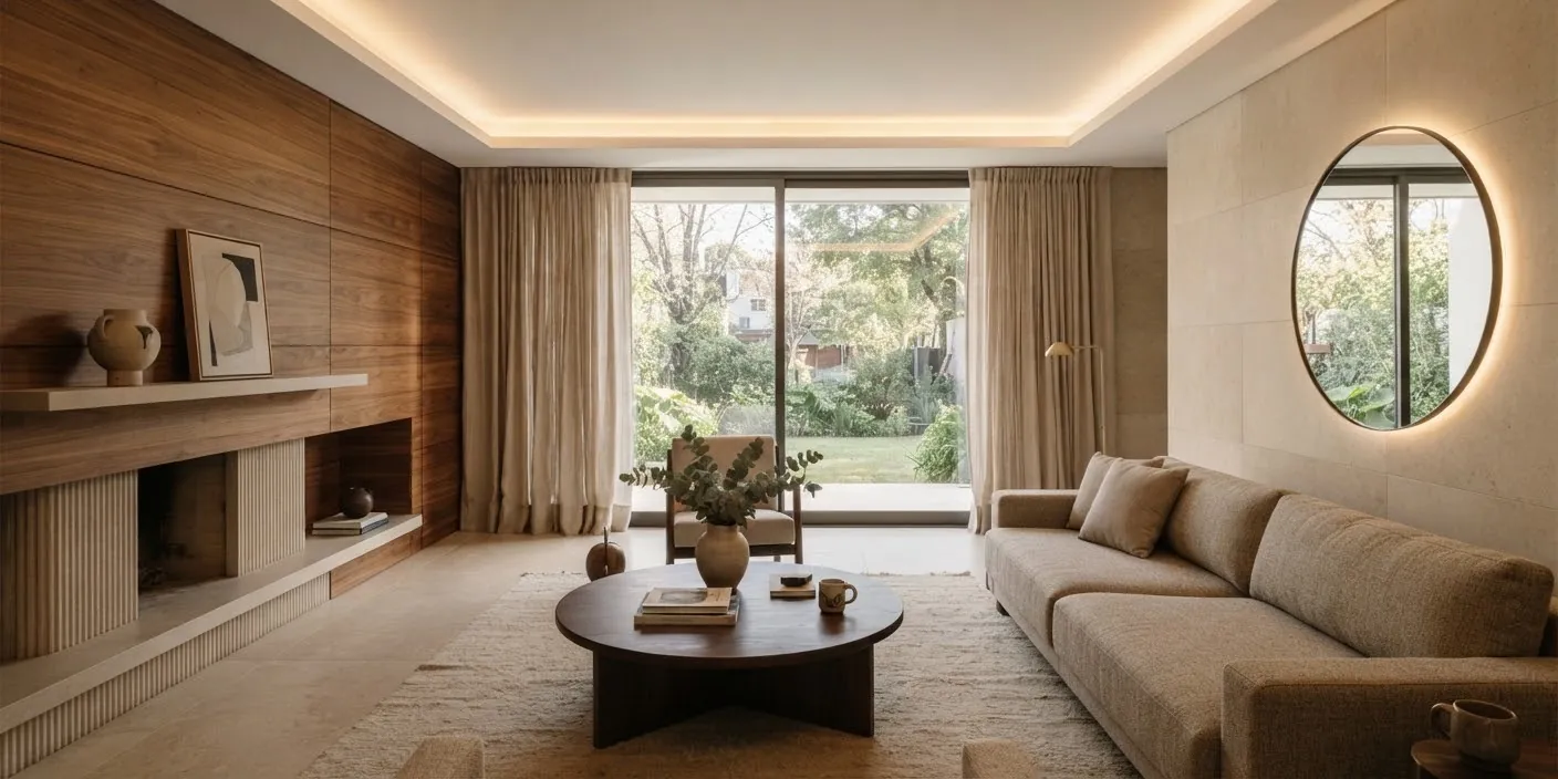 Living con madera, cortinas de lino y luz cálida
